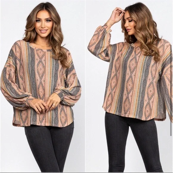 LAST ONE: USA Made Aztec printed long sleeved women’s comfy fall blouse top - Picture 2 of 3
